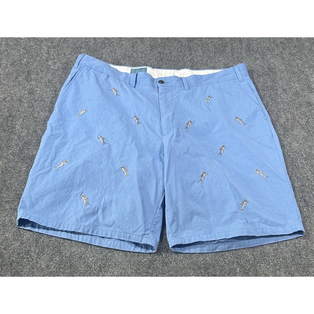 Castaway Nantucket Island Men's 42 Blue Chino Shorts Shark AOP EUC